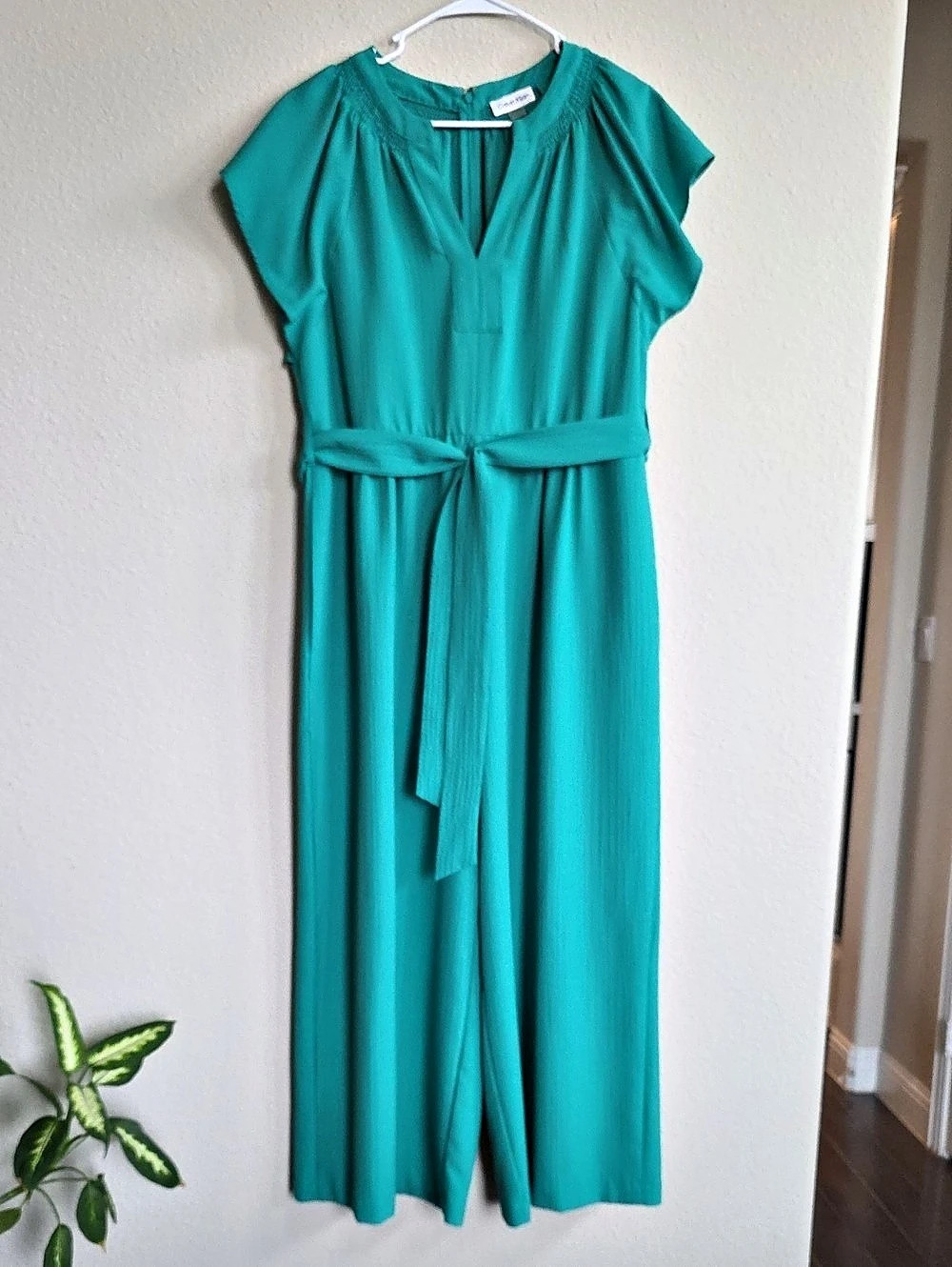 NEW Calvin Klein Belted Tulip-Sleeve Jumpsuit Turquoise Plus Size 14
